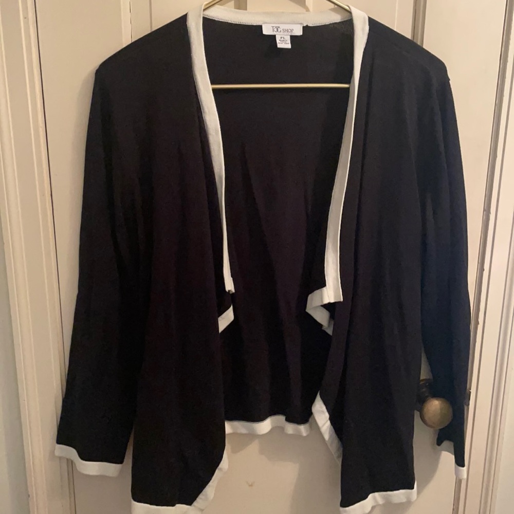 The Tog Shop black drape open front cardigan.